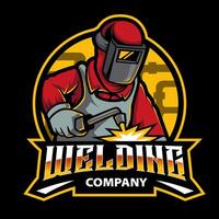 welder working with weld helmet in badge design style vector