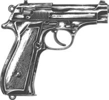 Detailed illustration of a semi-automatic pistol with intricate engravings on the grip and slide. vector