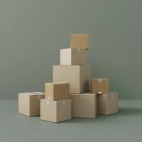 Stacked cardboard boxes of various sizes against a green background, symbolizing shipping, storage, moving, and organization. photo