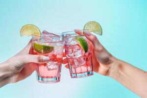 Two hands toasting with refreshing pink cocktails garnished with lime slices and ice cubes against a vibrant blue background. photo