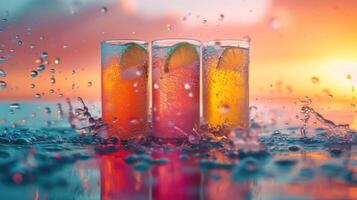 Refreshing tropical cocktails with lime slices splashing in vibrant sunset hues over the ocean background, capturing summer vibes. photo