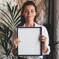 Woman holding a blank frame in a cozy indoor setting with plants, perfect for copy space or customizable content. photo