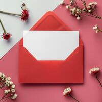 Red envelope with blank white card surrounded by flowers on a pink background perfect for invitations or greetings. photo
