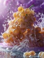 Dynamic splash of fresh yellow grapes with water, captured in high detail against a vivid purple background. photo
