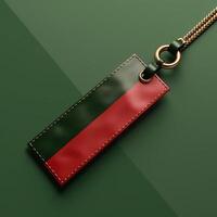 Elegant leather keychain with green and red design on gold chain, stylish accessory in a modern background. photo