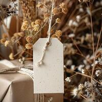 Rustic gift packaging with a blank tag and dried flowers, creating a warm and earthy aesthetic ideal for eco-friendly concepts. photo