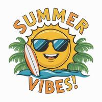 T shirt design of Summer Vibes Cartoon sun with sunglasses and a surfboard with white background vector
