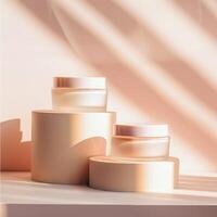 Elegant beauty product containers displayed on pastel wooden platforms, with soft pink shadows creating a minimalist, calming atmosphere. photo
