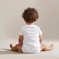 Adorable baby sitting with their back facing the camera, wearing a white onesie. Minimalistic background with soft lighting. photo