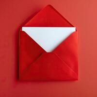 Red envelope with white card on a red background, symbolizing communication and invitation concepts. photo