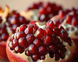 Close-up of fresh pomegranate seeds in a fruit. The vibrant red arils are ripe and ready to eat, full of juice and antioxidants. photo