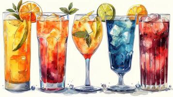 Colorful cocktails with various fruits and garnishes in different glassware, perfect for a party or refreshing summer drinks. photo
