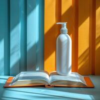 Bright and colorful composition with a lotion bottle and an open book against a vibrant yellow and blue background. photo