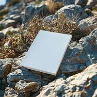 Blank white canvas on rocky terrain with dry plants, ideal for creative projects or artistic compositions in natural settings. photo