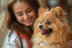 A happy woman smiling while holding her adorable Pomeranian dog. A warm and joyful moment capturing companionship and love. photo