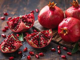Fresh pomegranates and pomegranate seeds on a wooden surface, showcasing the vibrant color and juicy texture of the fruit. photo