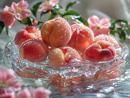 Fresh peaches with water droplets on a glass tray surrounded by flowers, creating a refreshing and vibrant still life scene. photo