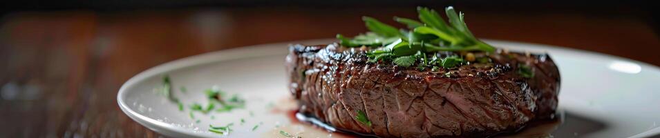 Delicious grilled steak garnished with herbs on a white plate against a dark background, highlighting gourmet dining and culinary excellence. photo