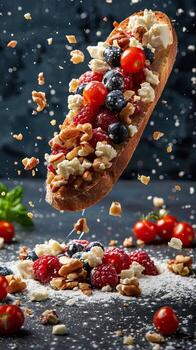 Floating gourmet baguette with nuts, berries, and cheese in dark background, capturing a dynamic culinary explosion of flavors. photo