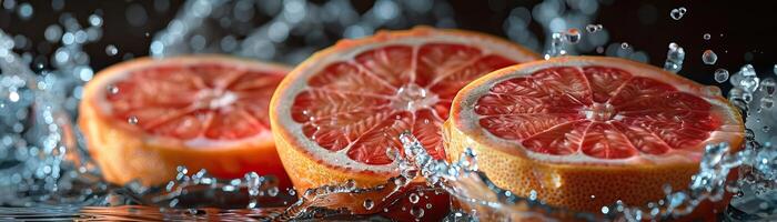 Close-up of fresh grapefruit slices splashing in water, capturing vibrant colors and refreshing essence for a healthy lifestyle concept. photo