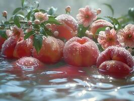 Fresh peaches with water droplets, surrounded by delicate pink flowers, creating a refreshing and tranquil natural scene. photo