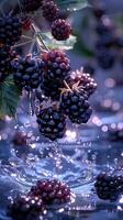 Close-up of fresh blackberries with water droplets, creating a refreshing and vibrant scene of juicy fruit. photo