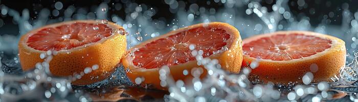 Freshly sliced grapefruits splashed with water, showcasing their vibrant colors and juicy texture, perfect for healthy lifestyle themes. photo