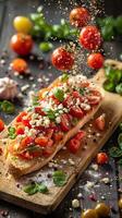 Fresh bruschetta with tomatoes, basil, and crumbled cheese on a wooden board, garnished with scattered vegetables and herbs. photo