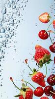Fresh strawberries and cherries floating in sparkling water, creating a refreshing and vibrant summertime beverage concept. photo