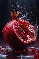 Fresh, juicy pomegranate splashing in water. Vivid red fruit capturing the essence of hydration and vitality in a refreshing burst. photo