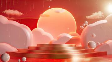 Abstract surreal scene with golden steps, floating spheres, clouds, and a glowing sun in a vibrant orange-red sky. photo