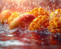Fresh, juicy mangoes splashing in water, showcasing vibrant colors and a refreshing summer vibe. Perfect for food and beverage themes. photo
