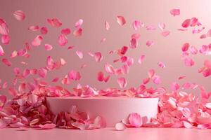 A stunning display of pink rose petals rising and falling around a round platform, creating a romantic and ethereal ambiance. photo