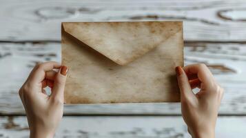 Hands holding a vintage envelope, symbolizing nostalgia and handwritten communication, set against a rustic wooden background. photo