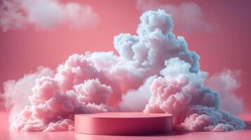 Abstract 3D podium surrounded by fluffy clouds against a pink background, perfect for product display or presentation. photo