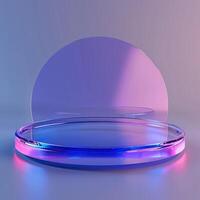 Futuristic neon-lit stage with reflective surfaces, perfect for showcasing products in a modern and sleek design. photo