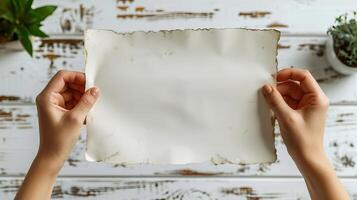 Hands holding blank white vintage paper on rustic wooden background, suitable for art, design, or copy space concepts. photo