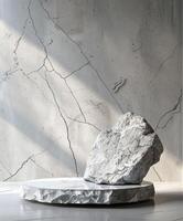 Modern minimalist stone sculpture on textured background with natural light, highlighting contemporary art aesthetics. photo