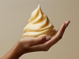 Close-up of a hand holding a swirl of creamy soft-serve ice cream against a neutral background, showcasing texture and smoothness. photo