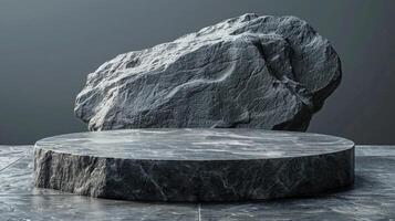 Dark stone podium and rock backdrop, perfect for product display, showroom setups, and showcasing merchandise in a minimalist style. photo