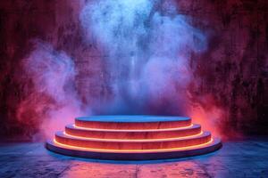 Illuminated circular podium with steps and colorful steam, ideal for futuristic, fantasy, or tech-themed designs and presentations. photo