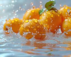Fresh oranges splashing in water, showcasing vibrant colors and freshness. Perfect for healthy lifestyle and food concepts. photo