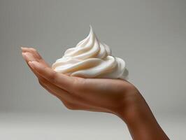 A close-up of a hand holding a swirl of white shaving cream against a neutral background, highlighting skincare and personal hygiene. photo