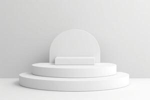 Minimalistic white podium and backdrop on a plain background. Perfect for product display, presentations, or minimalist design themes. photo
