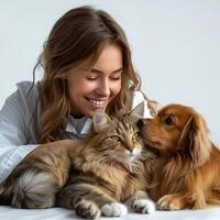 Smiling woman lovingly playing with her cat and dog on a white bed, showcasing bonding and affection between pets and their owner. photo