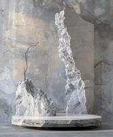Minimalist rocky sculpture on a circular base set against a stone-textured background, grey tones and rough textures. photo