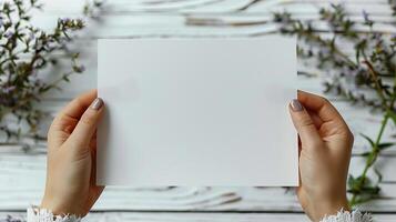 Woman holding blank white card on rustic wooden table with floral decorations, ready for your custom message or design. photo