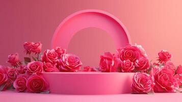 Pink roses beautifully arranged around a pink circular platform on a gradient background, perfect for romantic and floral-themed designs. photo