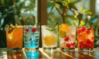 Colorful refreshing cocktails with fruit and mint on a sunny day, perfect for summer parties and relaxation in a beautiful garden setting. photo
