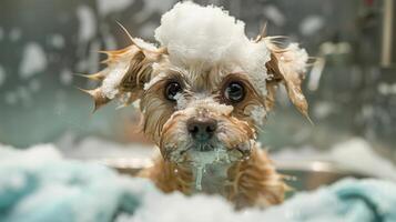 Cute small dog in a bubbly bath, enjoying grooming with soap suds on its head, perfect for pet care themes and stock photos. photo